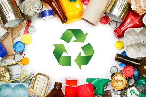 A diverse collection of recyclable waste materials arranged in a circular pattern with a prominent green recycling symbol in the centre. The waste includes aluminium cans with metallic finishes, plastic bottles in various colours such as red, yellow, blue, and green, some with lids still attached, alongside crumpled paper and cardboard tubes. The cans display shiny, reflective surfaces, while the plastic bottles have textured, semi-gloss finishes. The cardboard is light brown and appears slightly textured, with some rolled or flattened. The background is plain white, highlighting the waste items and the vibrant colours of the recyclables. This arrangement suggests an emphasis on waste sorting and recycling as part of professional rubbish removal services, such as those offered by Garden Clearance Teddington, fitting well within the context of environmentally responsible rubbish management in the Teddington area, within postcode TW11.