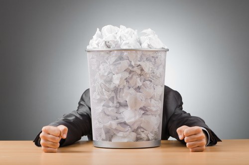 A person dressed in a dark suit with a white shirt, sitting at a wooden table, has their head replaced by a large, round metal wastebasket filled with crumpled white and beige paper. The wastebasket is mesh-like and reflective, with the crumpled paper visible through the sides. The individual’s hands are resting on the table, with their fists clenched, positioned on either side of the wastebasket, while the background features a plain, neutral grey wall. The scene humorously suggests dealing with office waste or paper clutter, which aligns with rubbish removal themes often associated with services like those offered by Garden Clearance Teddington in the local area near Teddington, Middlesex.